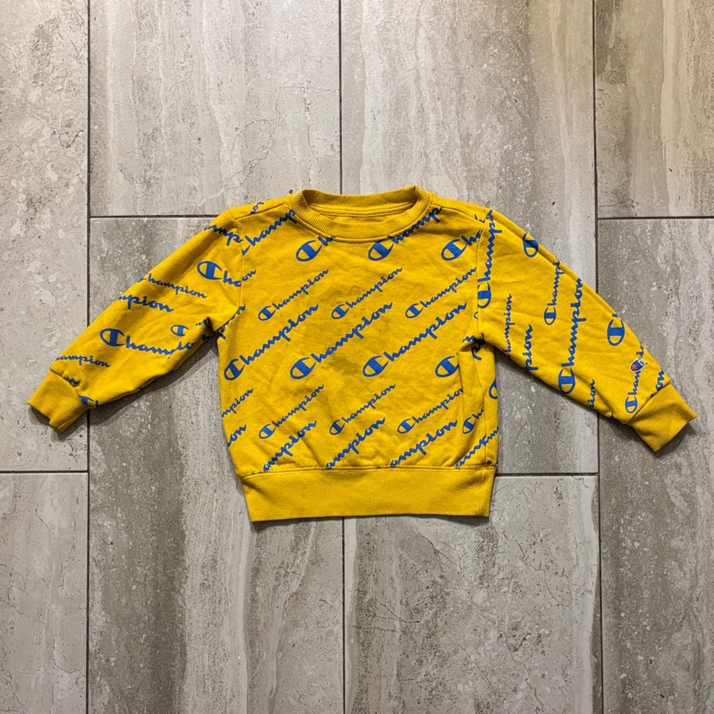 Champion Yellow Crewneck Sweatshirt with Blue Logo Print